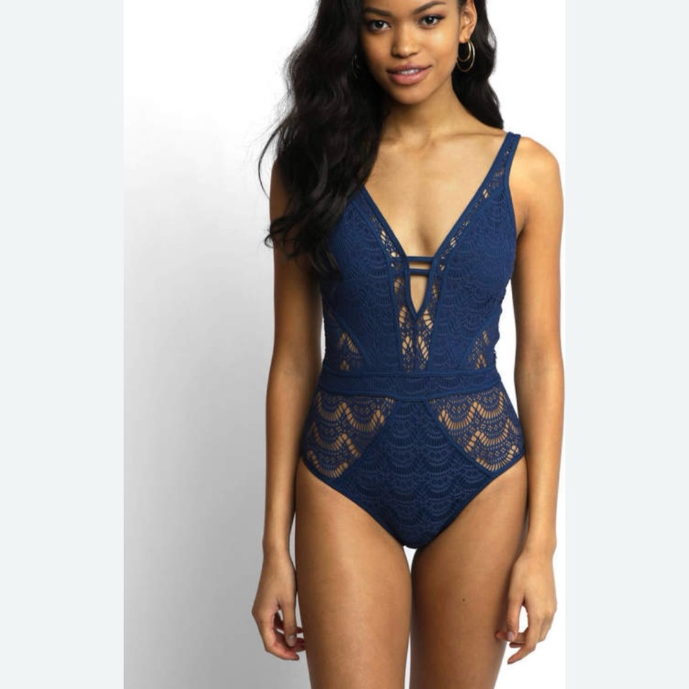 BECCA Navy Blue Lace One-Piece Swimsuit